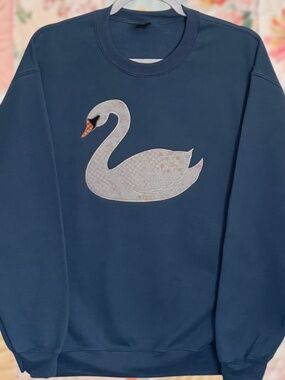 Swan Patchwork Embroidered Medium Indigo Blue Crewneck Sweatshirt